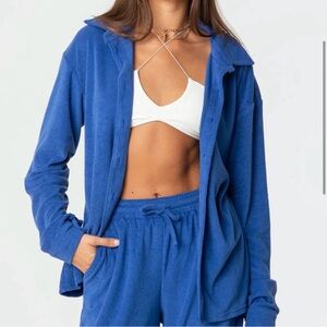 EDIKTED Blue Terry Cloth Set - Button Up & Pants